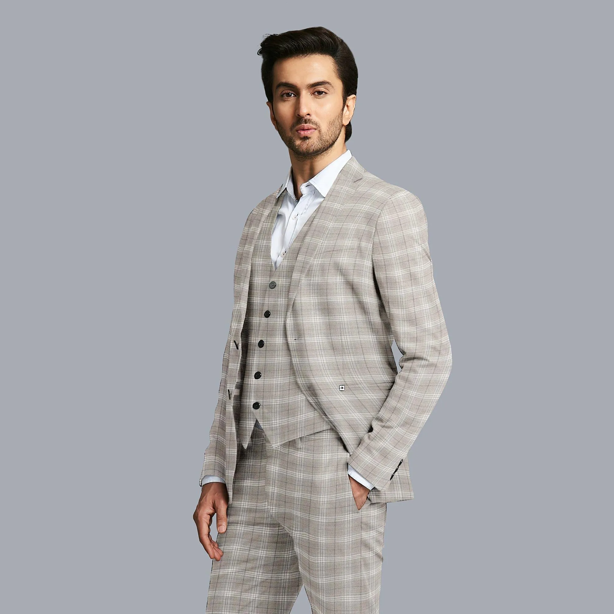 Latte beige blended wool suiting fabric with beige and pale brown checks design-D10812