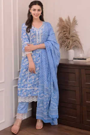 LIGHT BLUE FEATURING DELICATE FLORAL MOTIFS  KURTI SET WITH DUPATTA