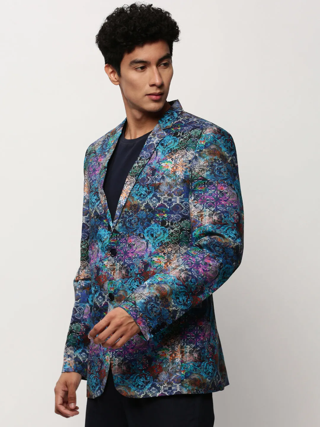 Men Blue Printed Casual Blazers