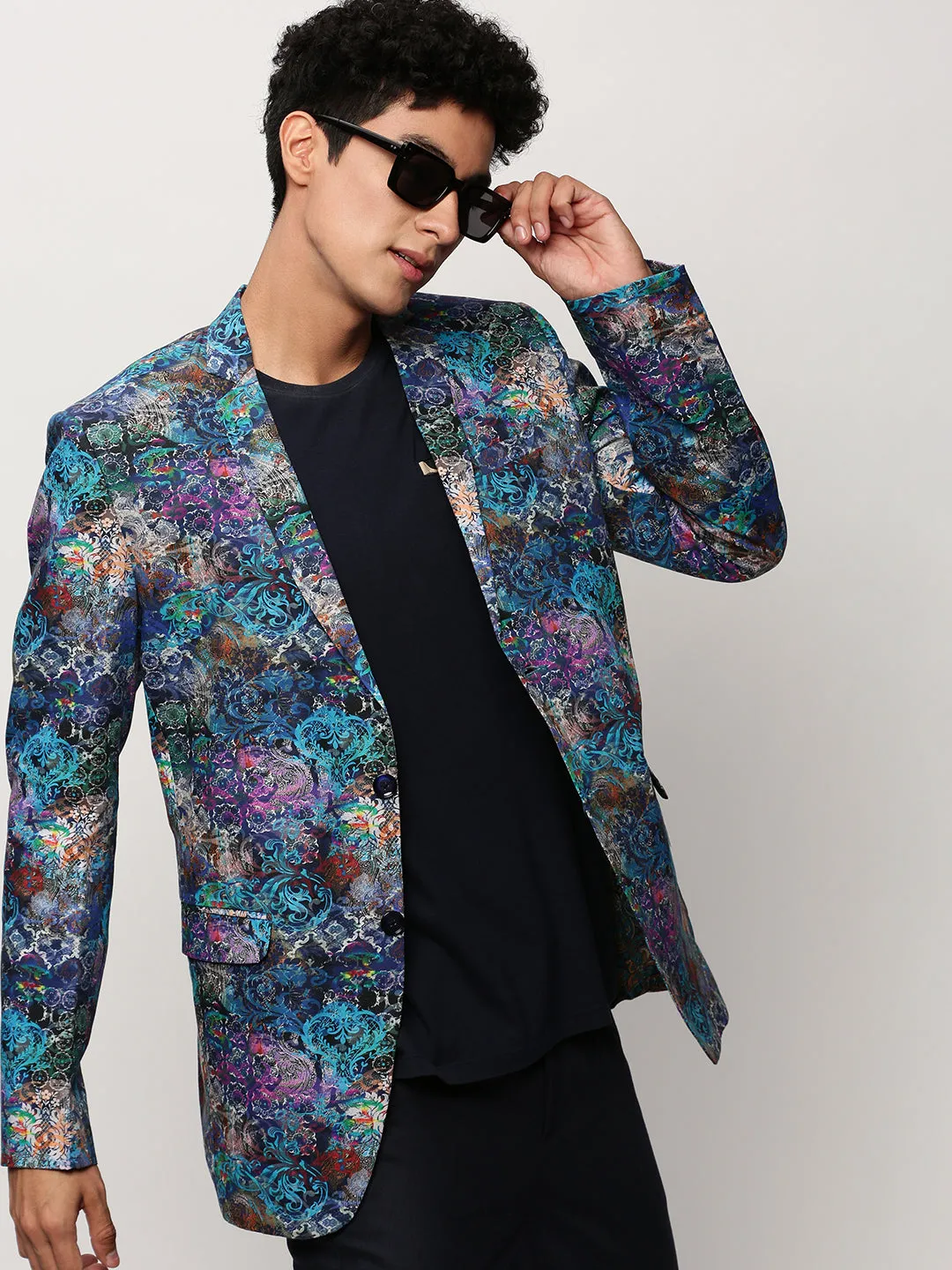 Men Blue Printed Casual Blazers