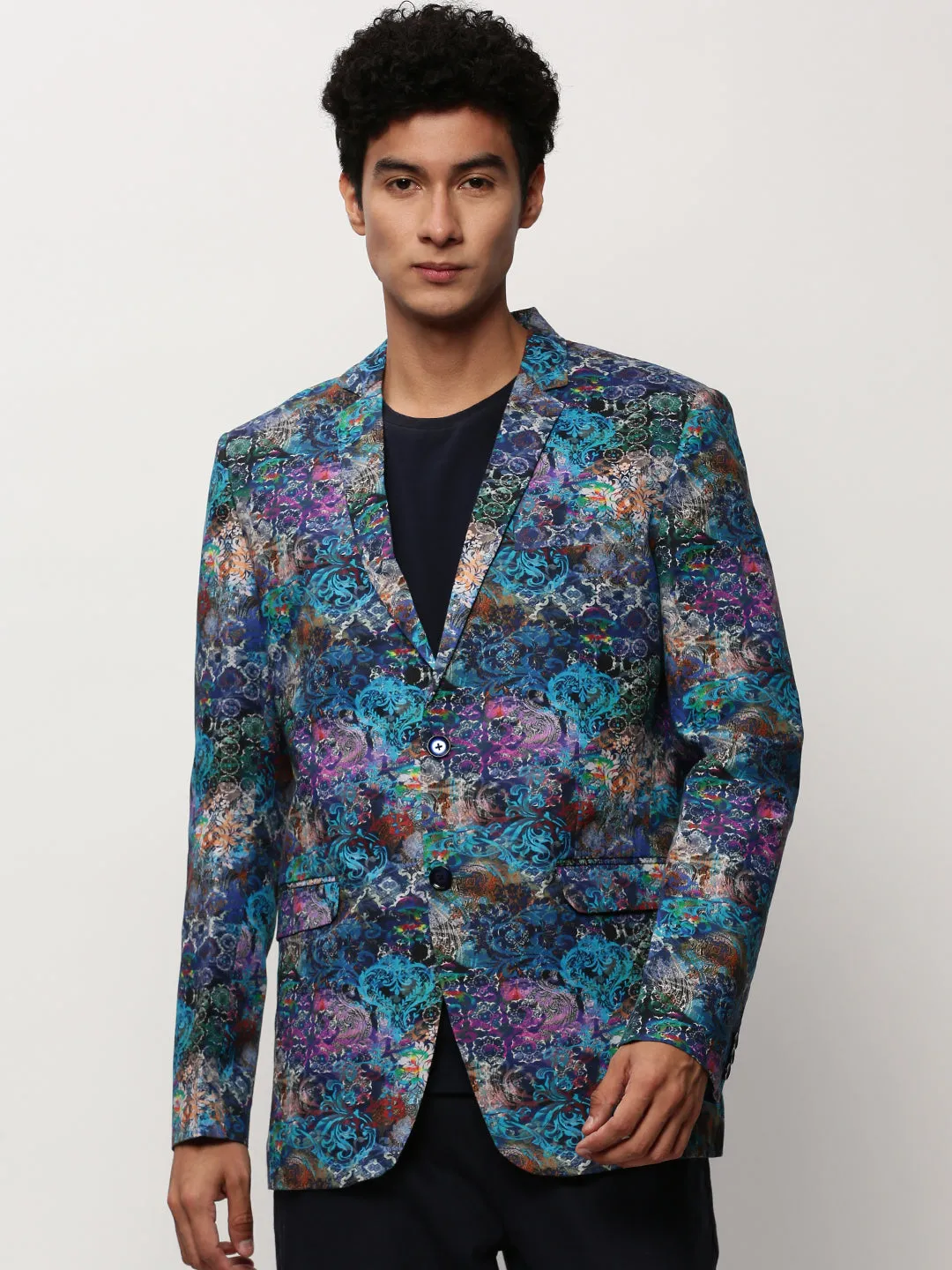 Men Blue Printed Casual Blazers