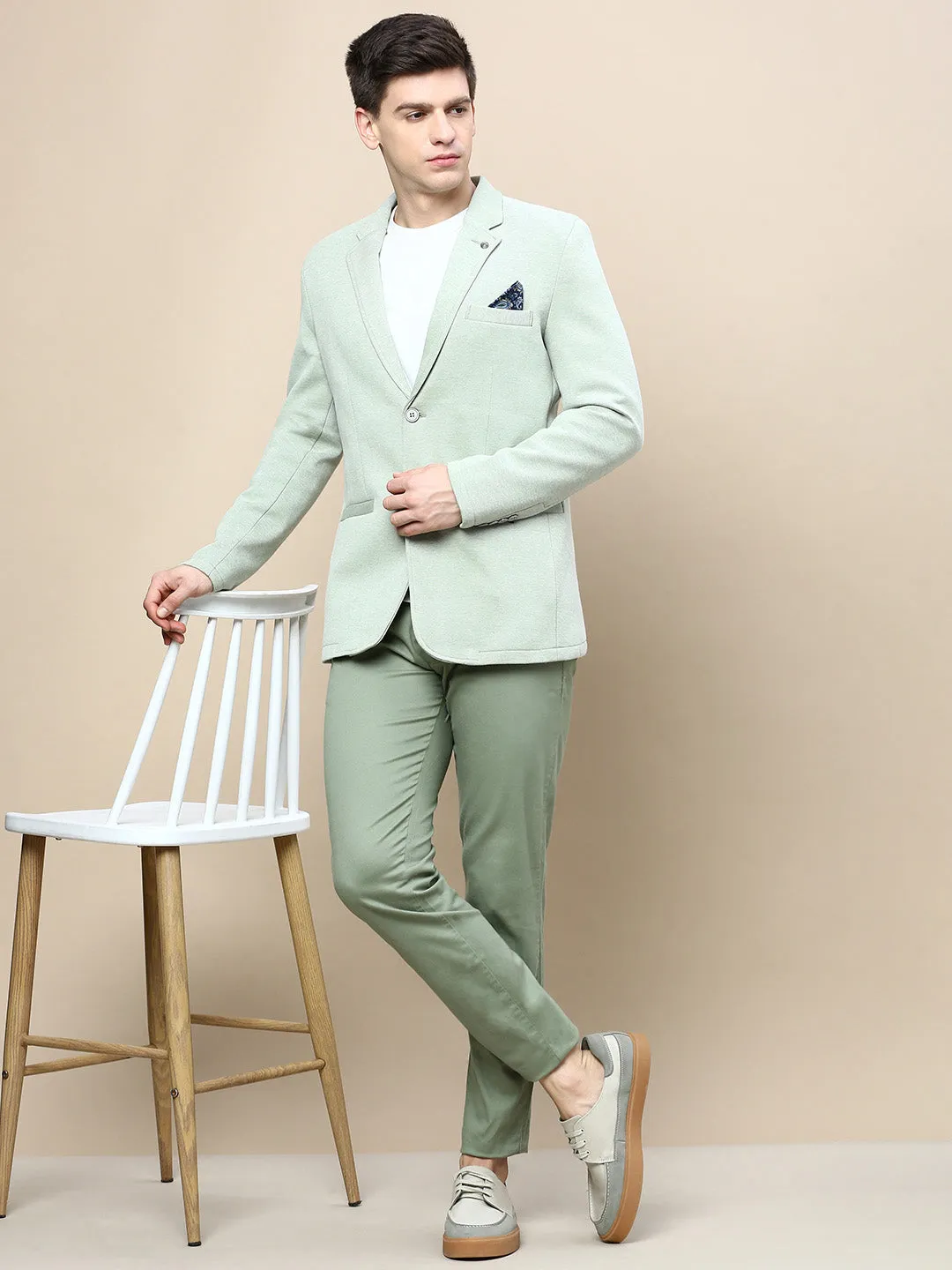 Men Green Solid Casual Blazers