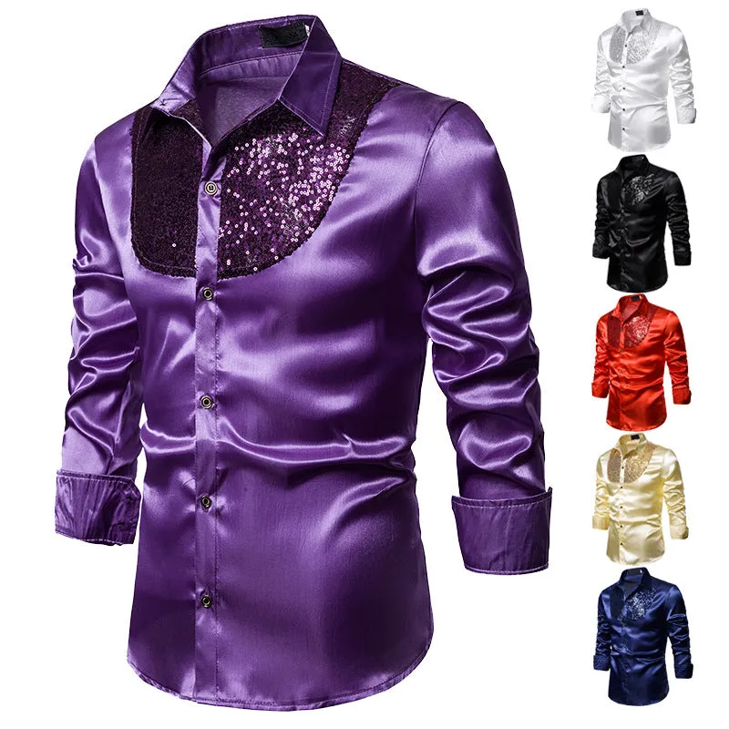 Men Satin Long Sleeve  Dress Shirt