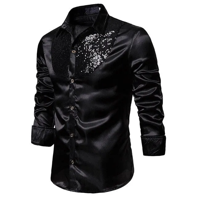 Men Satin Long Sleeve  Dress Shirt