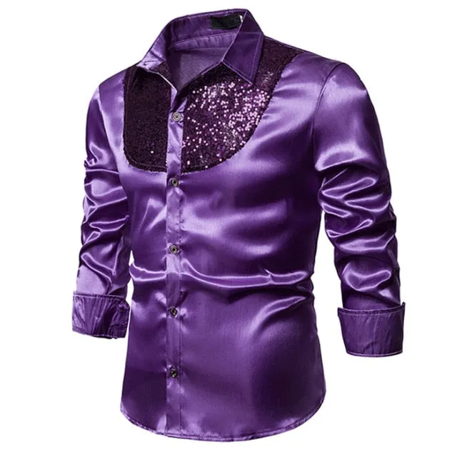 Men Satin Long Sleeve  Dress Shirt