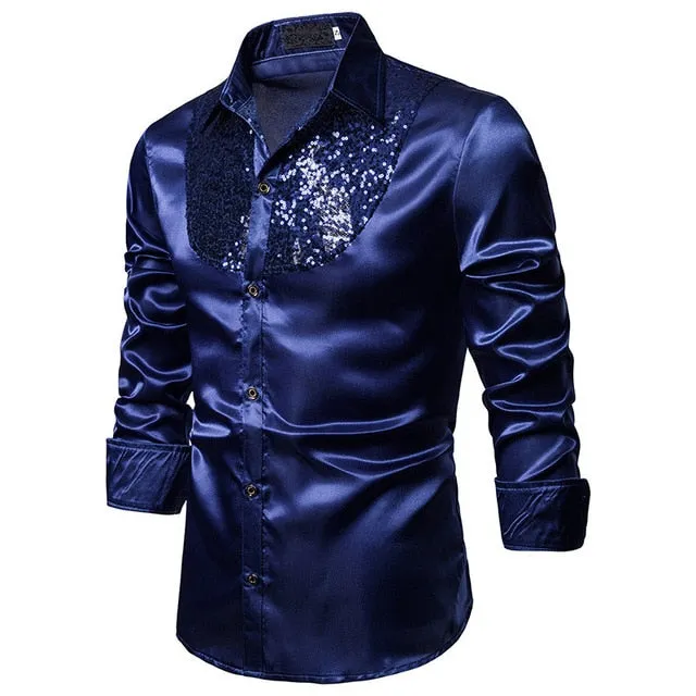 Men Satin Long Sleeve  Dress Shirt