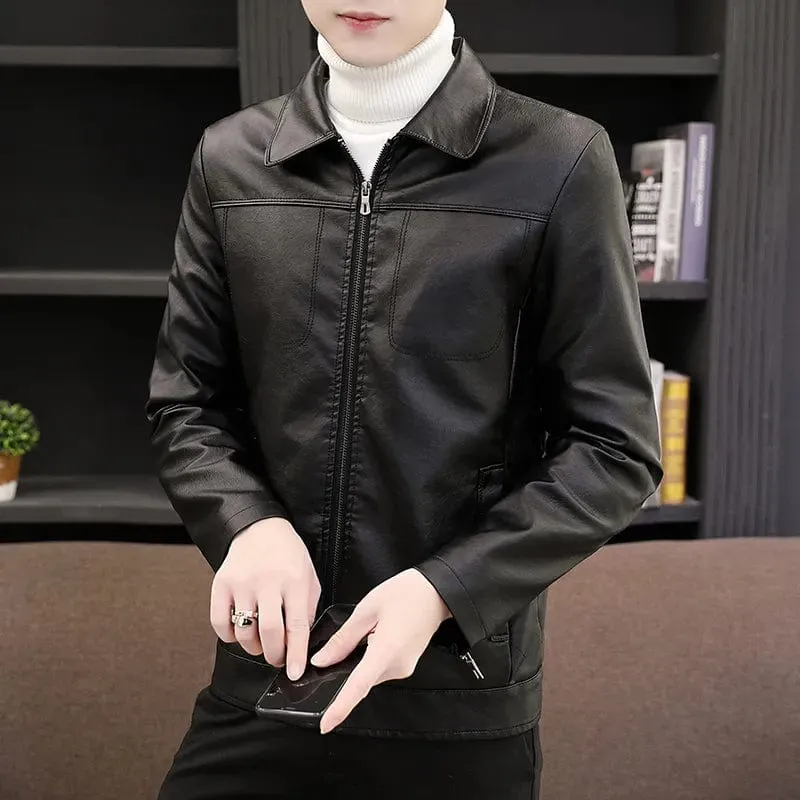 Men's leather velvet thickened fleece motorcycle jacket warm coat