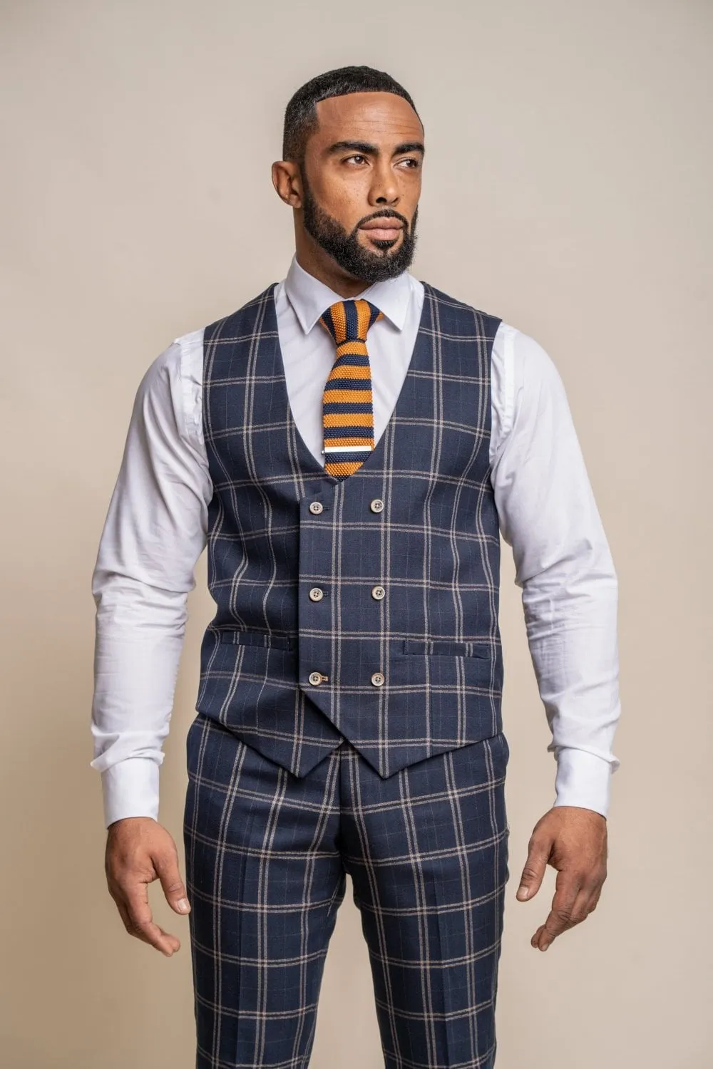 Men's Retro Check Navy Slim Fit Suit - HARDY - Navy Blue