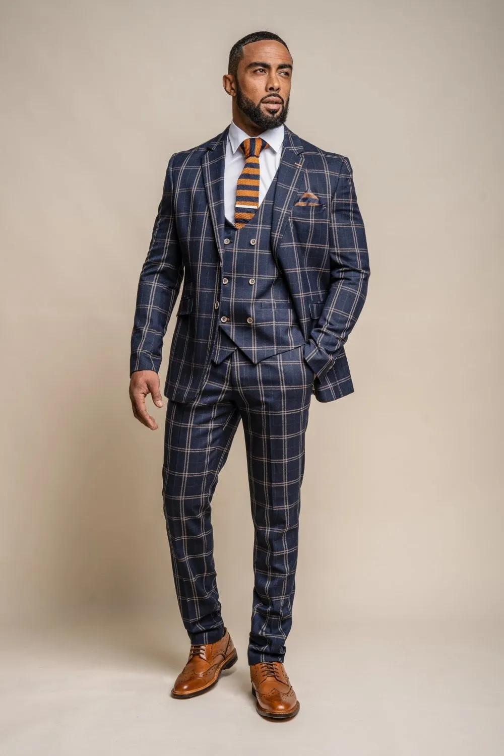 Men's Retro Check Navy Slim Fit Suit - HARDY - Navy Blue