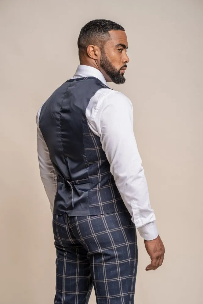 Men's Retro Check Navy Slim Fit Suit - HARDY - Navy Blue