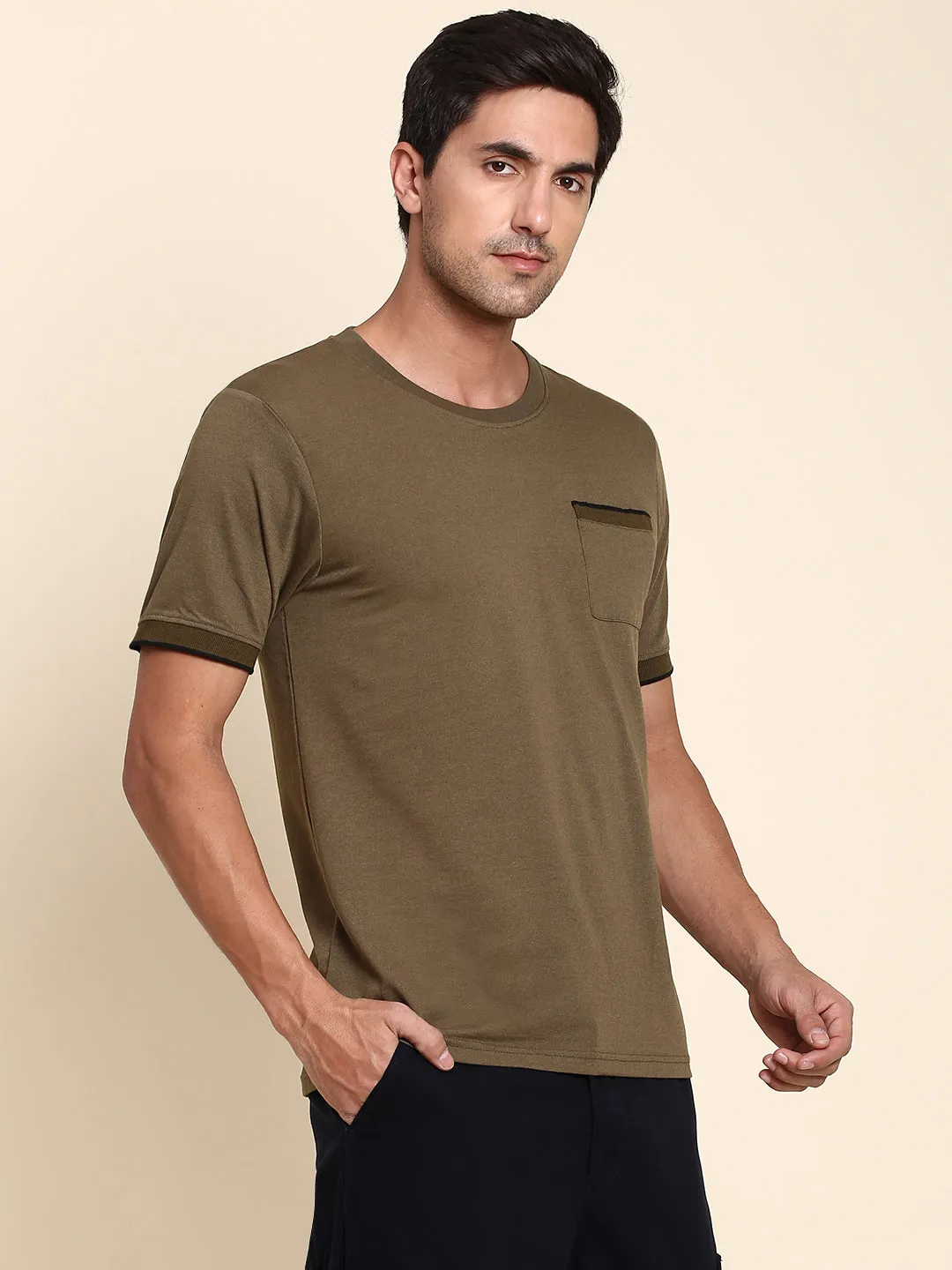 Men's Soft And Stretchy Fabric Olive Casual Crew Neck Tshirt