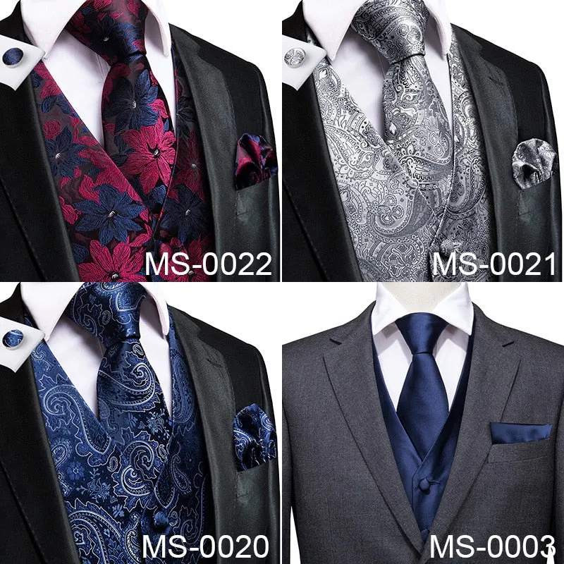 Men's Vests and Tie Business Formal Dresses Slim Vest 4piece Hanky cufflinks for Suit Blue Paisley Waistcoat