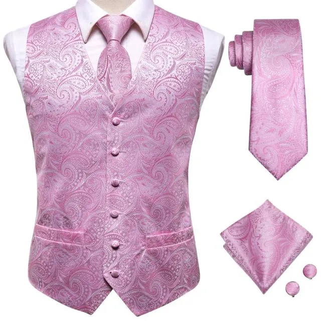 Men's Vests and Tie Business Formal Dresses Slim Vest 4piece Hanky cufflinks for Suit Blue Paisley Waistcoat