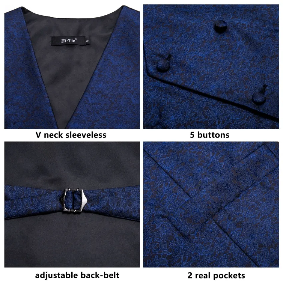 Men's Vests and Tie Business Formal Dresses Slim Vest 4piece Hanky cufflinks for Suit Blue Paisley Waistcoat