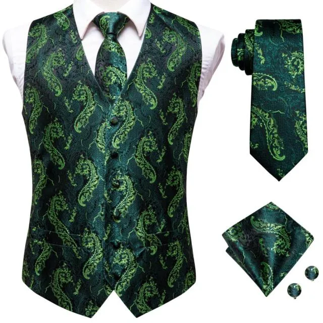 Men's Vests and Tie Business Formal Dresses Slim Vest 4piece Hanky cufflinks for Suit Blue Paisley Waistcoat