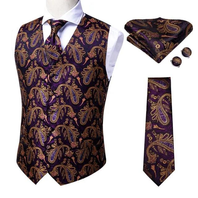 Men's Vests and Tie Business Formal Dresses Slim Vest 4piece Hanky cufflinks for Suit Blue Paisley Waistcoat