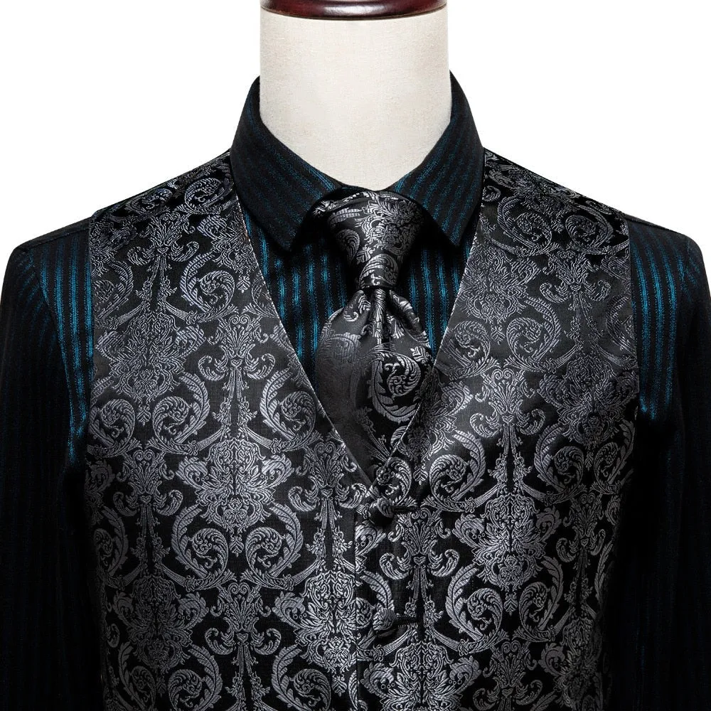 Men's Vests and Tie Business Formal Dresses Slim Vest 4piece Hanky cufflinks for Suit Blue Paisley Waistcoat