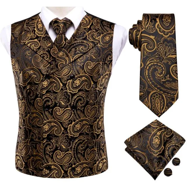 Men's Vests and Tie Business Formal Dresses Slim Vest 4piece Hanky cufflinks for Suit Blue Paisley Waistcoat