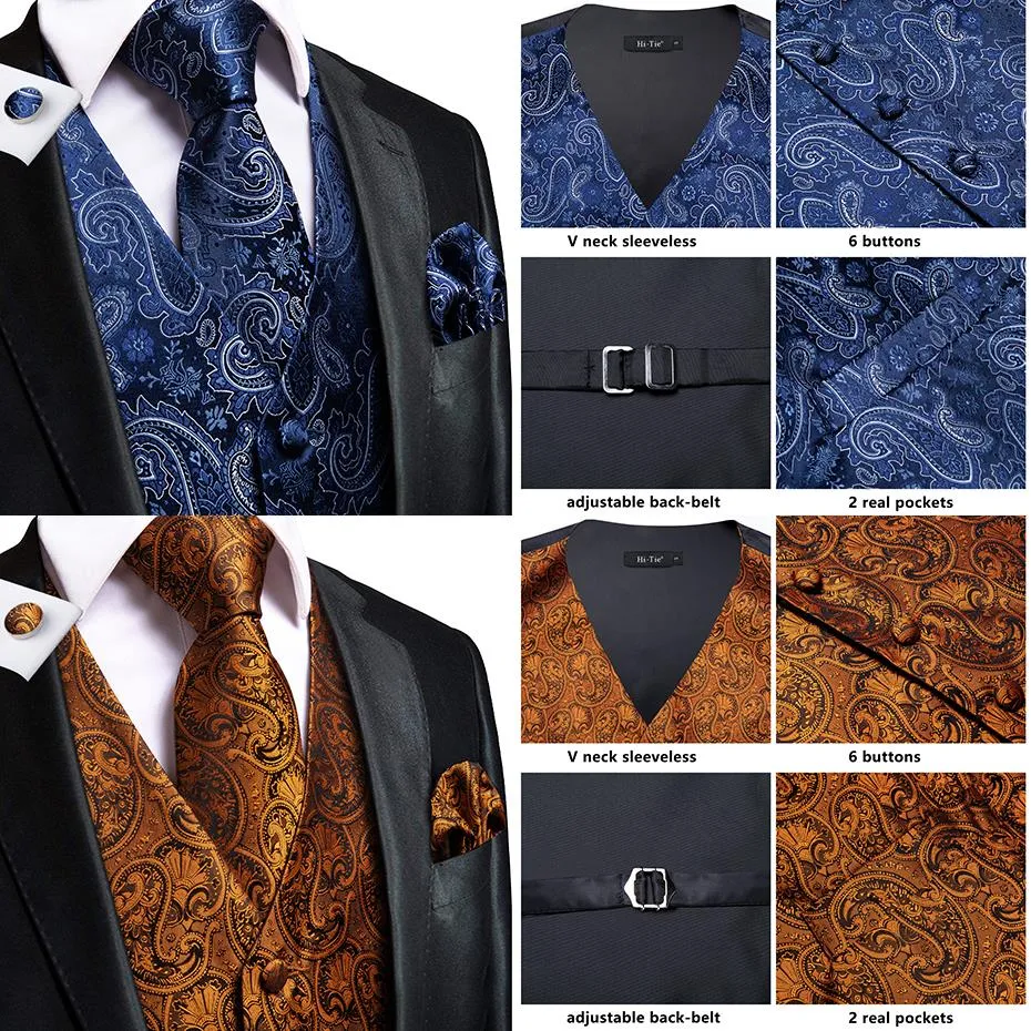 Men's Vests and Tie Business Formal Dresses Slim Vest 4piece Hanky cufflinks for Suit Blue Paisley Waistcoat