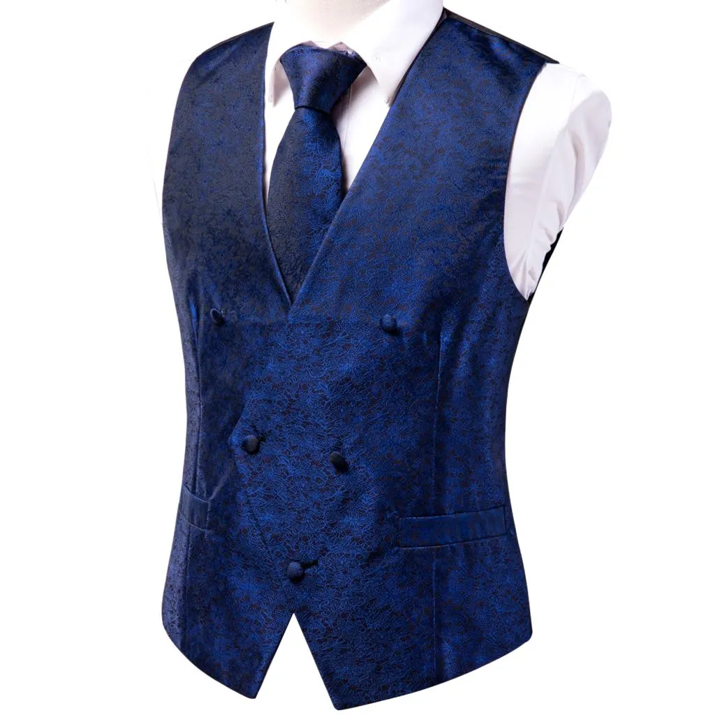 Men's Vests and Tie Business Formal Dresses Slim Vest 4piece Hanky cufflinks for Suit Blue Paisley Waistcoat