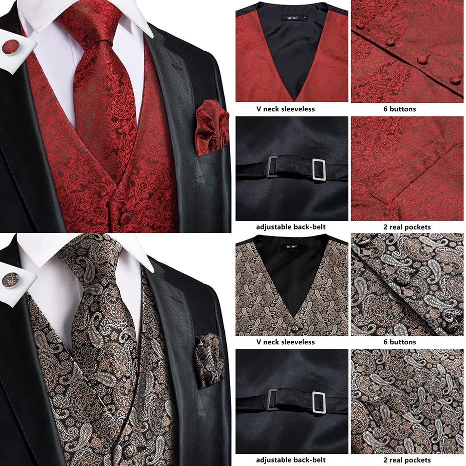 Men's Vests and Tie Business Formal Dresses Slim Vest 4piece Hanky cufflinks for Suit Blue Paisley Waistcoat