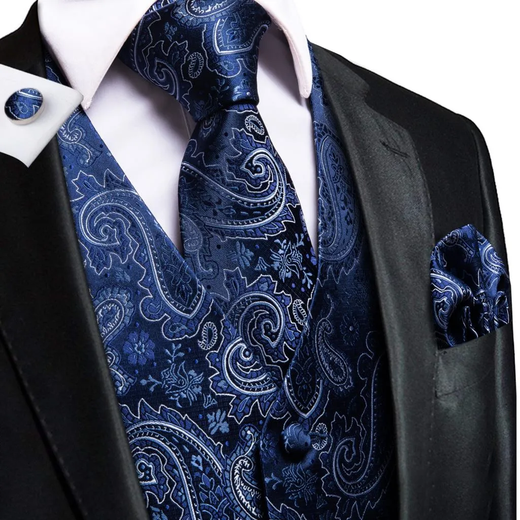 Men's Vests and Tie Business Formal Dresses Slim Vest 4piece Hanky cufflinks for Suit Blue Paisley Waistcoat