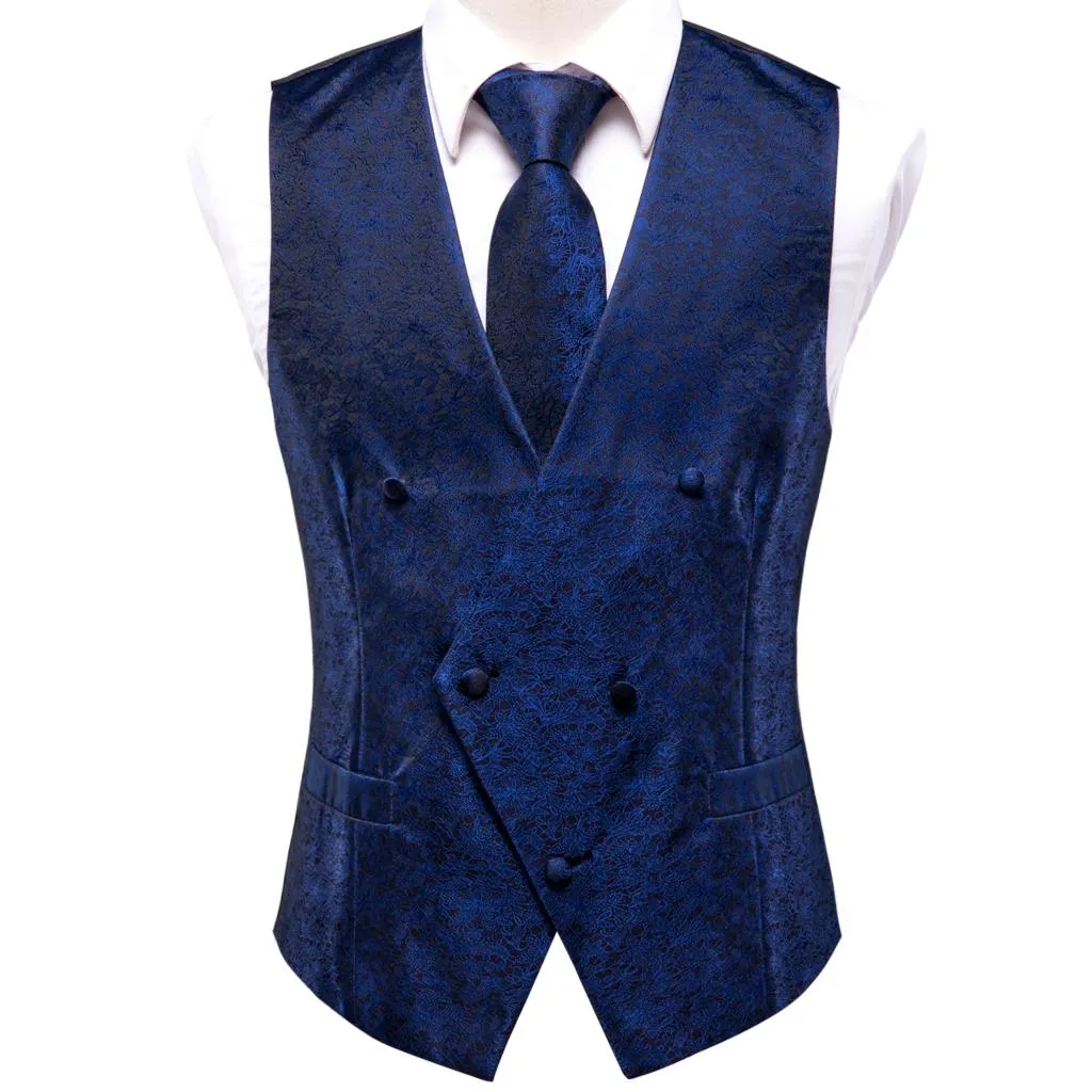 Men's Vests and Tie Business Formal Dresses Slim Vest 4piece Hanky cufflinks for Suit Blue Paisley Waistcoat