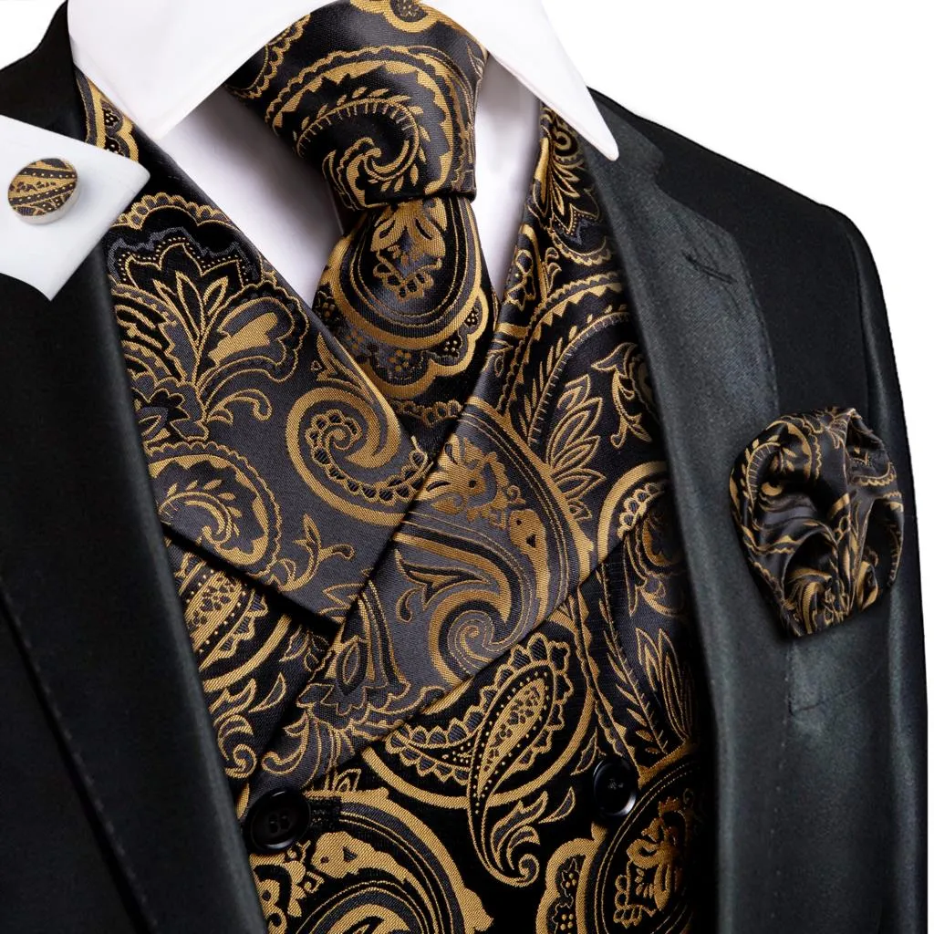 Men's Vests and Tie Business Formal Dresses Slim Vest 4piece Hanky cufflinks for Suit Blue Paisley Waistcoat