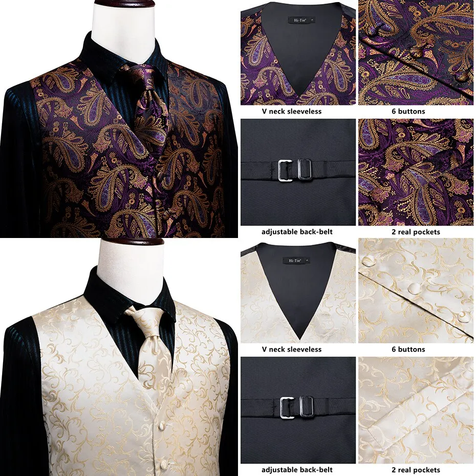 Men's Vests and Tie Business Formal Dresses Slim Vest 4piece Hanky cufflinks for Suit Blue Paisley Waistcoat