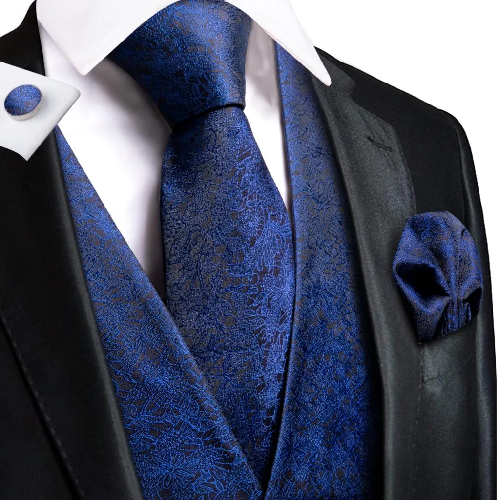 Men's Vests and Tie Business Formal Dresses Slim Vest 4piece Hanky cufflinks for Suit Blue Paisley Waistcoat