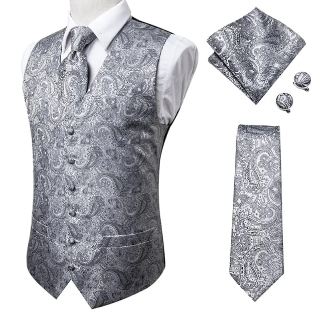 Men's Vests and Tie Business Formal Dresses Slim Vest 4piece Hanky cufflinks for Suit Blue Paisley Waistcoat