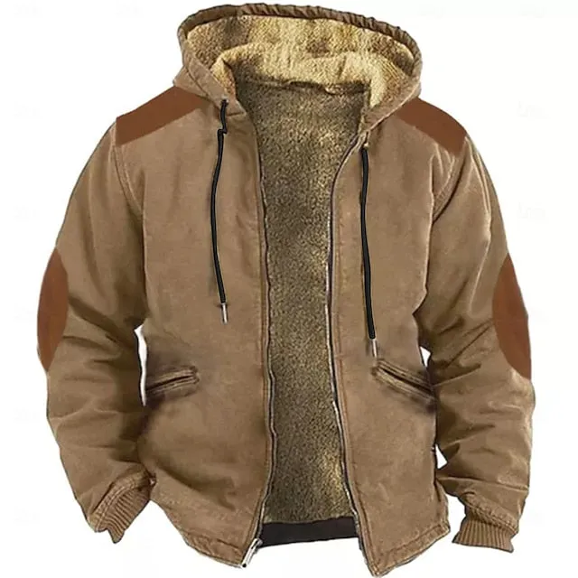 Men's Vintage Full Zip Hoodie - Fuzzy Sherpa Fleece Jacket with Drawstring & Zipper Closure - Stylish Long Sleeve Casual Wear for Fall & Winter