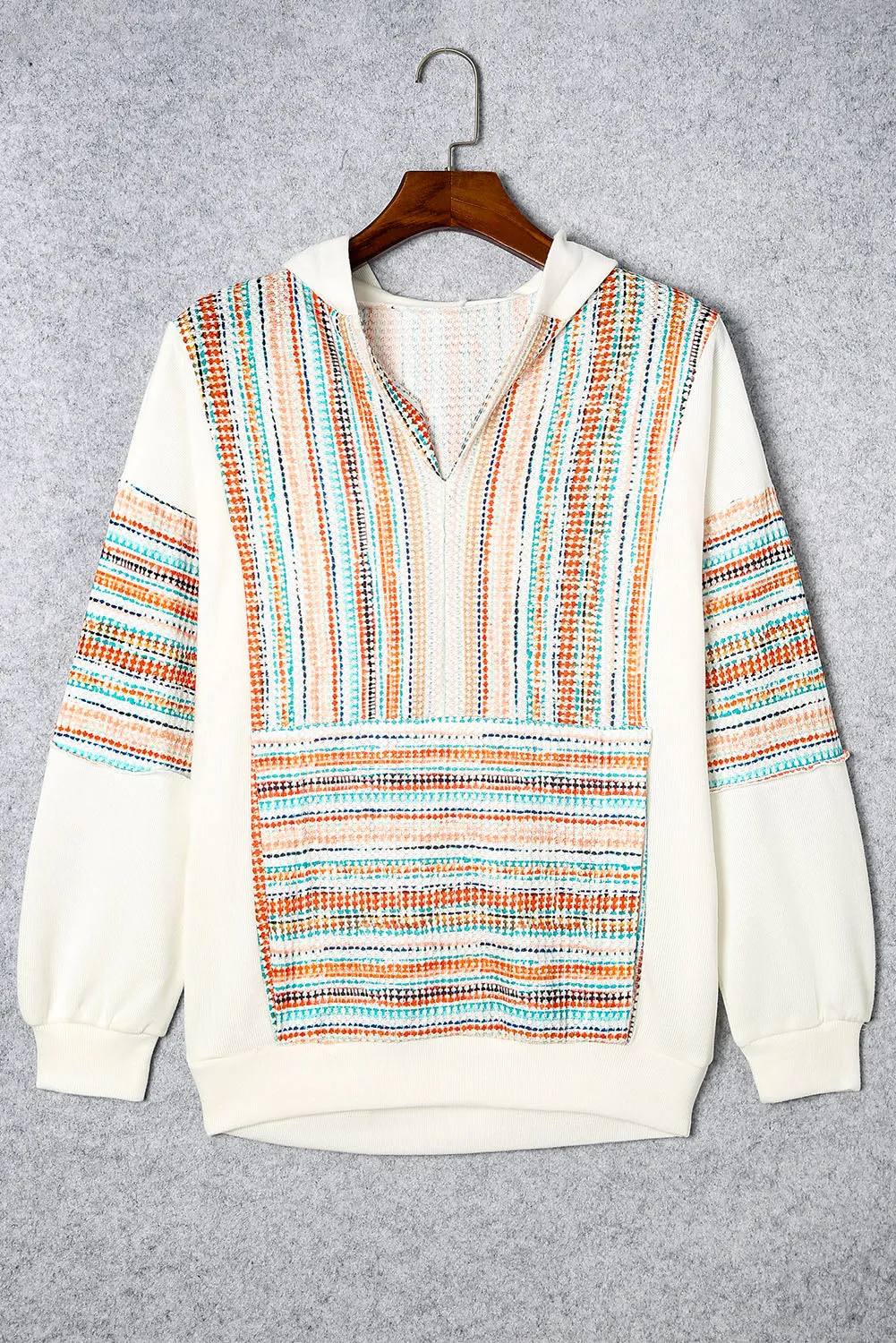 Multicolor Striped Patchwork V Neck Drop Shoulder Knit Hoodie