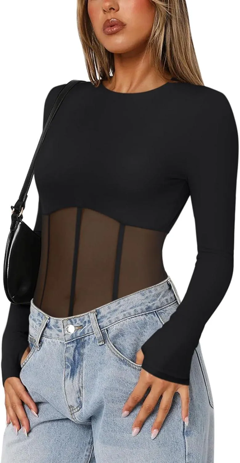 Mystique Mesh Corset Style Bodysuit with Thumbholes