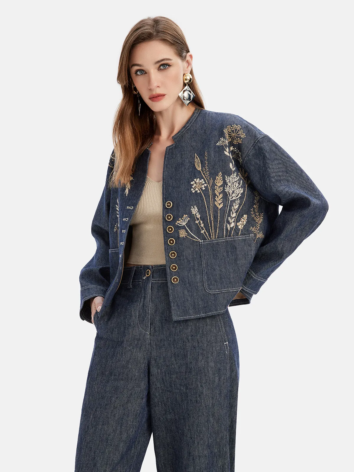 Natural Cotton Linen  Embroidered Denim Jacket