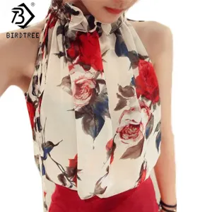 New  Fashion Women Sleeveless Chiffon Floral Print Blouses Ruffles Turtleneck Tops Shirt Vest Design Loose Brand T57334