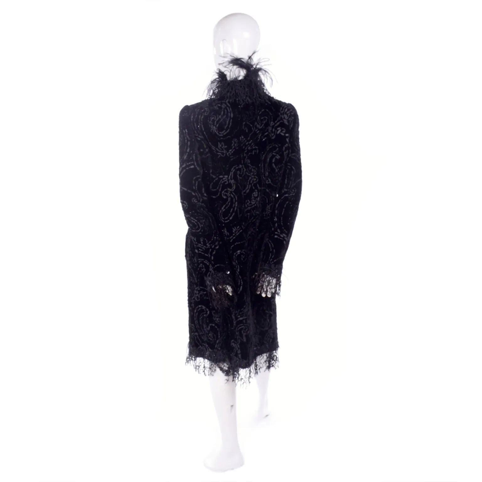 Oscar de la Renta Black Velvet Evening Coat With Sequins & Ostrich Feathers