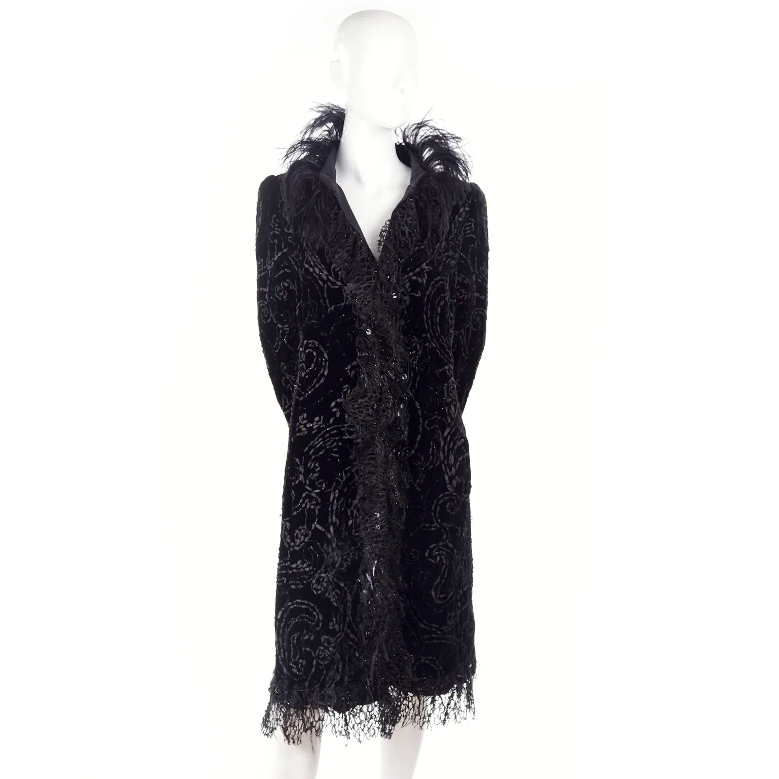 Oscar de la Renta Black Velvet Evening Coat With Sequins & Ostrich Feathers