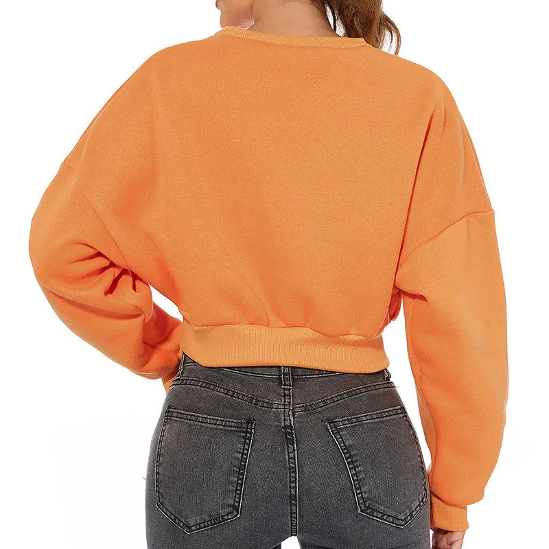 Oversized Drop Shoulder Long Sleeve Mock Neck Cropped Sweatshirt - Orange