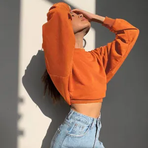 Oversized Drop Shoulder Long Sleeve Mock Neck Cropped Sweatshirt - Orange