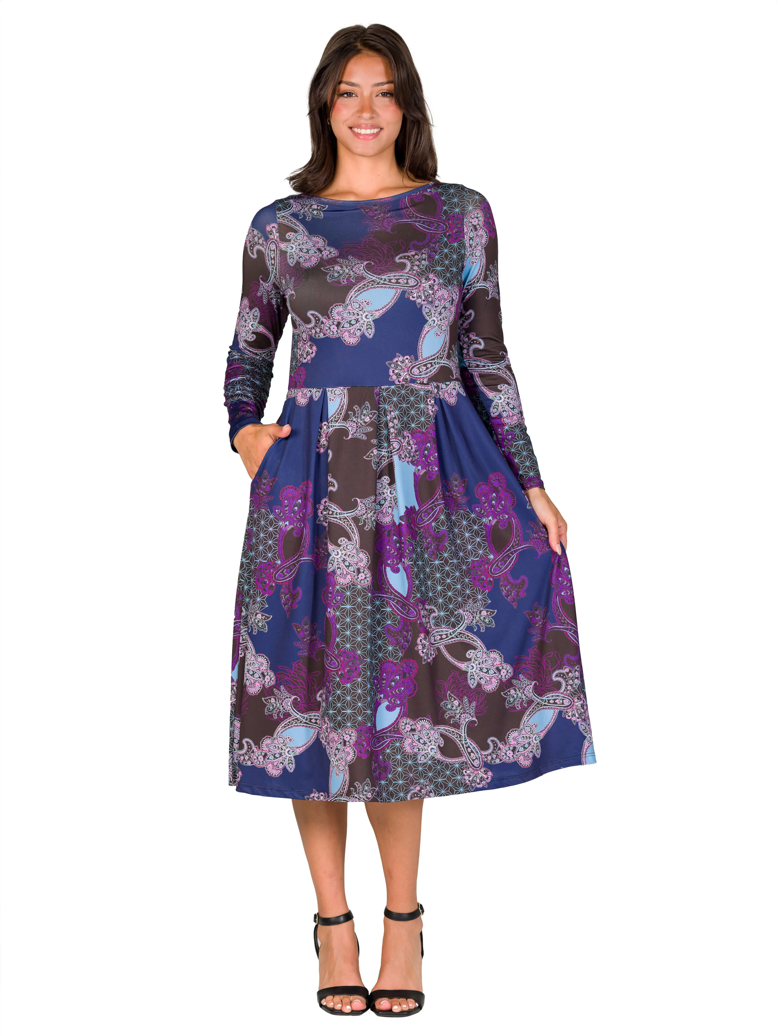 Purple Paisley Midi Length Long Sleeve Pocket Dress