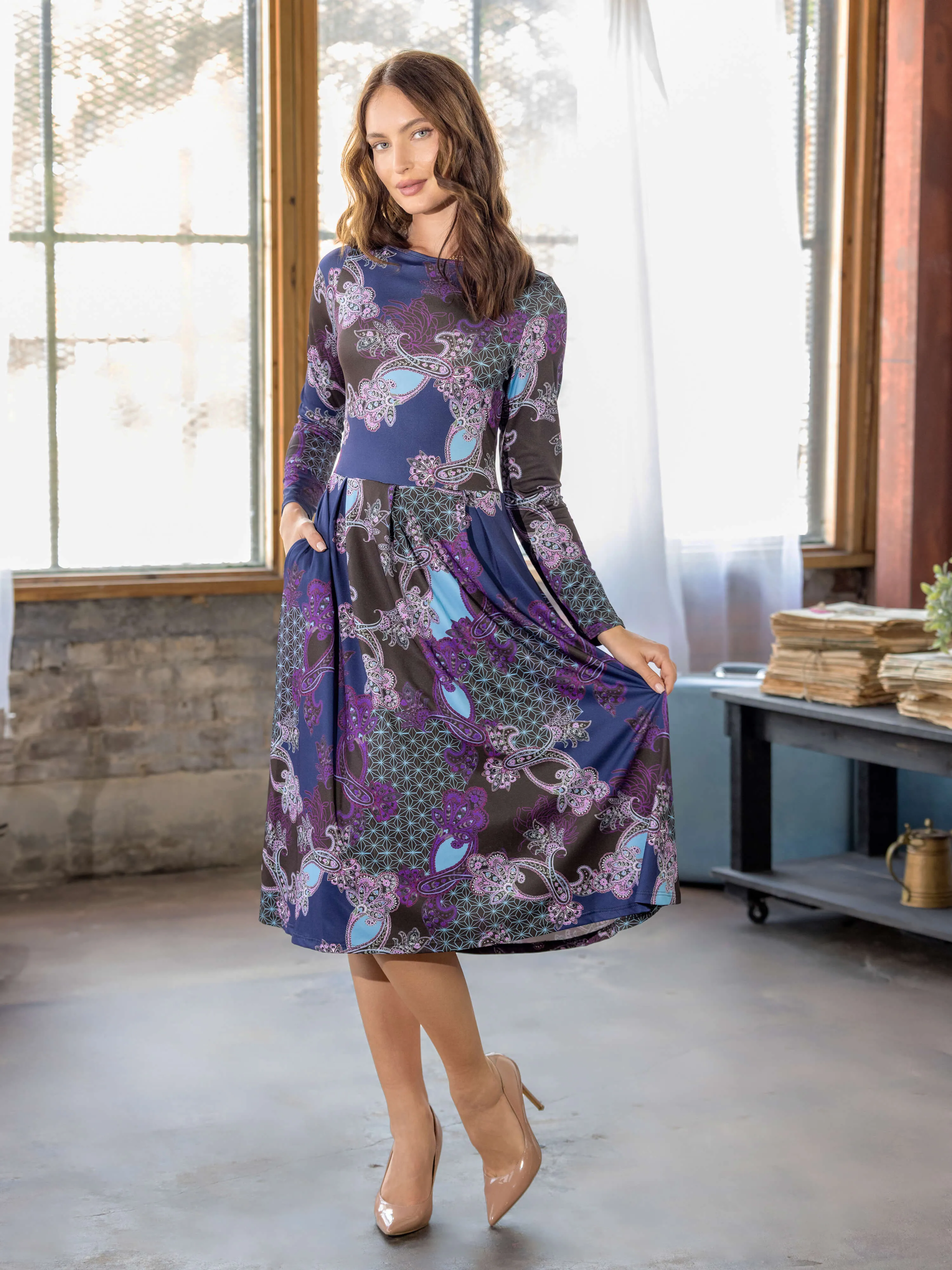 Purple Paisley Midi Length Long Sleeve Pocket Dress