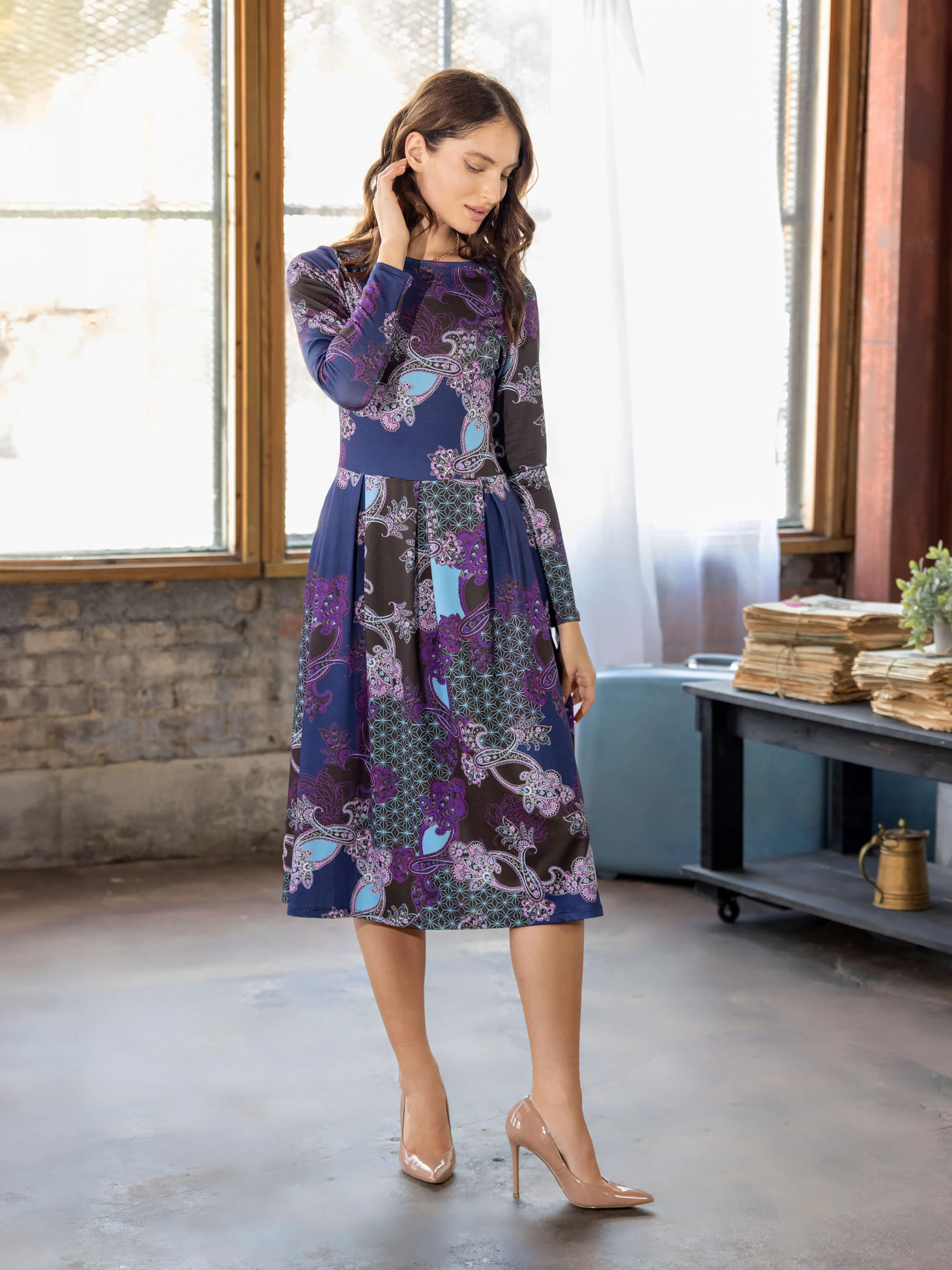 Purple Paisley Midi Length Long Sleeve Pocket Dress