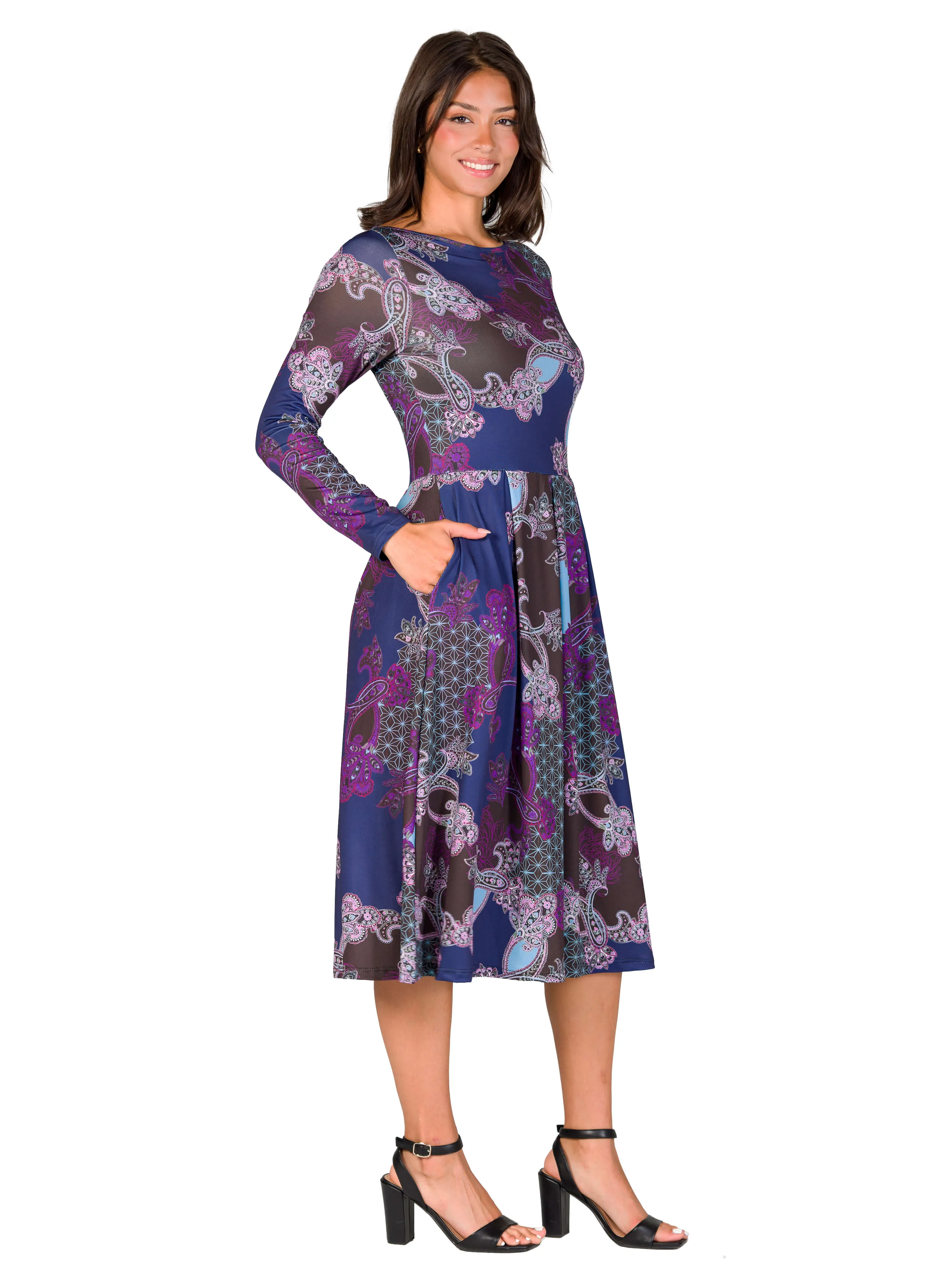 Purple Paisley Midi Length Long Sleeve Pocket Dress