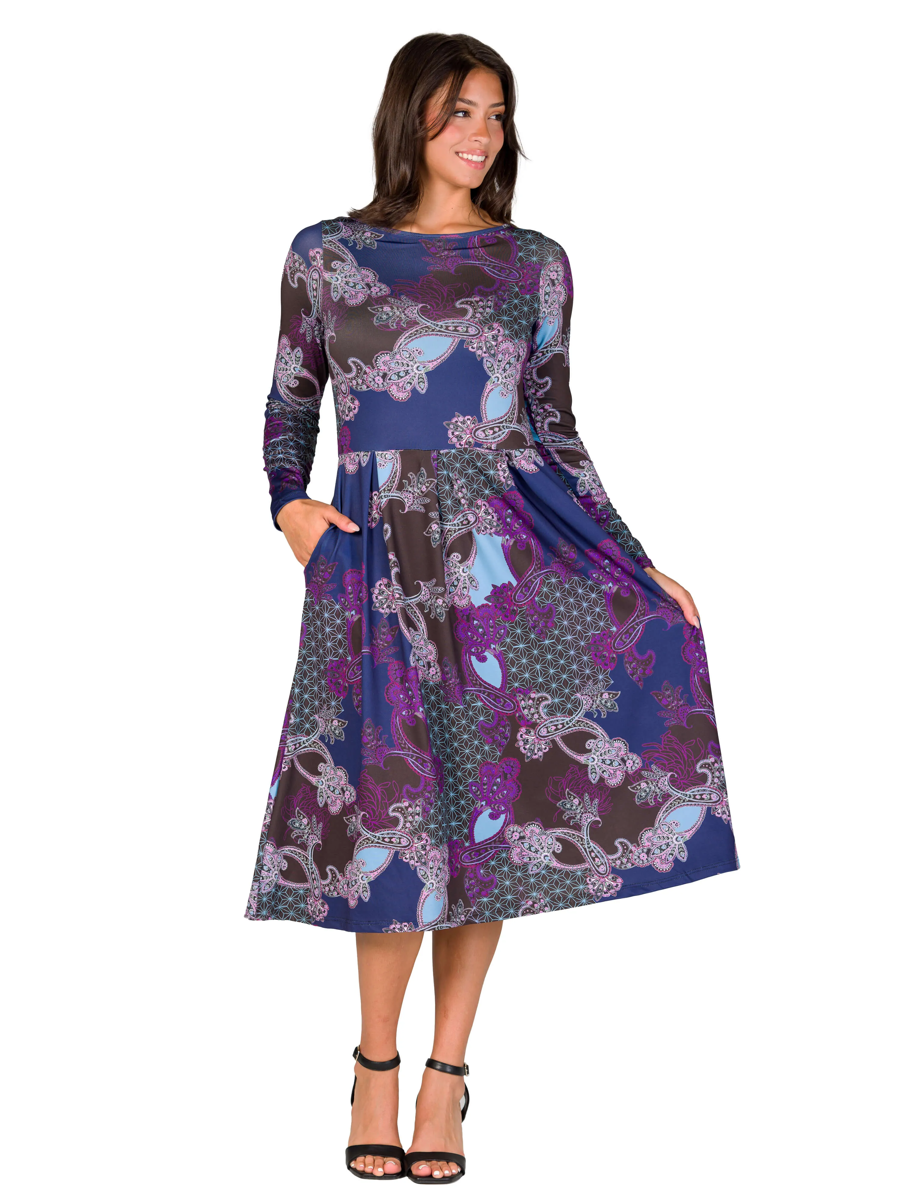 Purple Paisley Midi Length Long Sleeve Pocket Dress