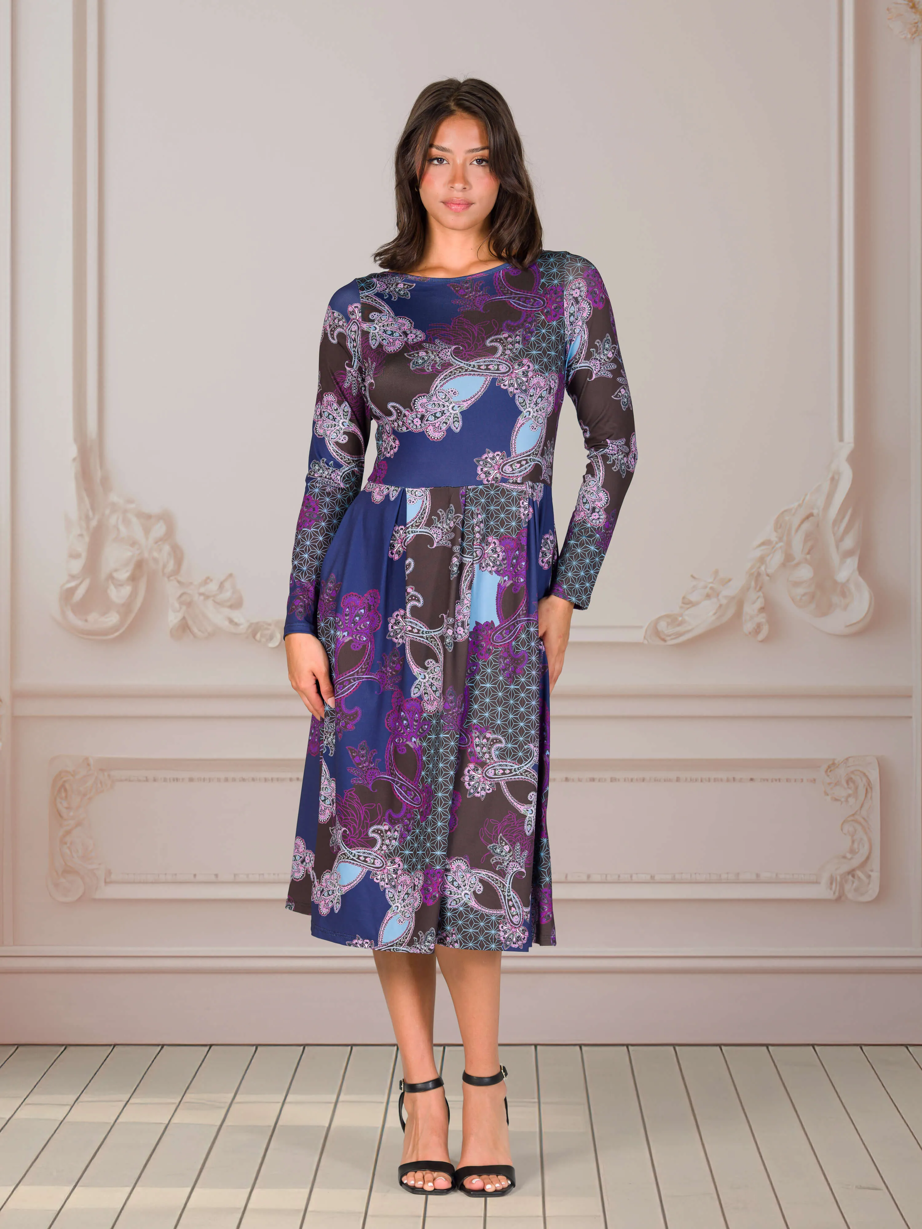 Purple Paisley Midi Length Long Sleeve Pocket Dress