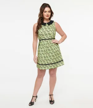 Retrolicious 1950s Green & Black Mod Cat Print Collared Fit & Flare Dress