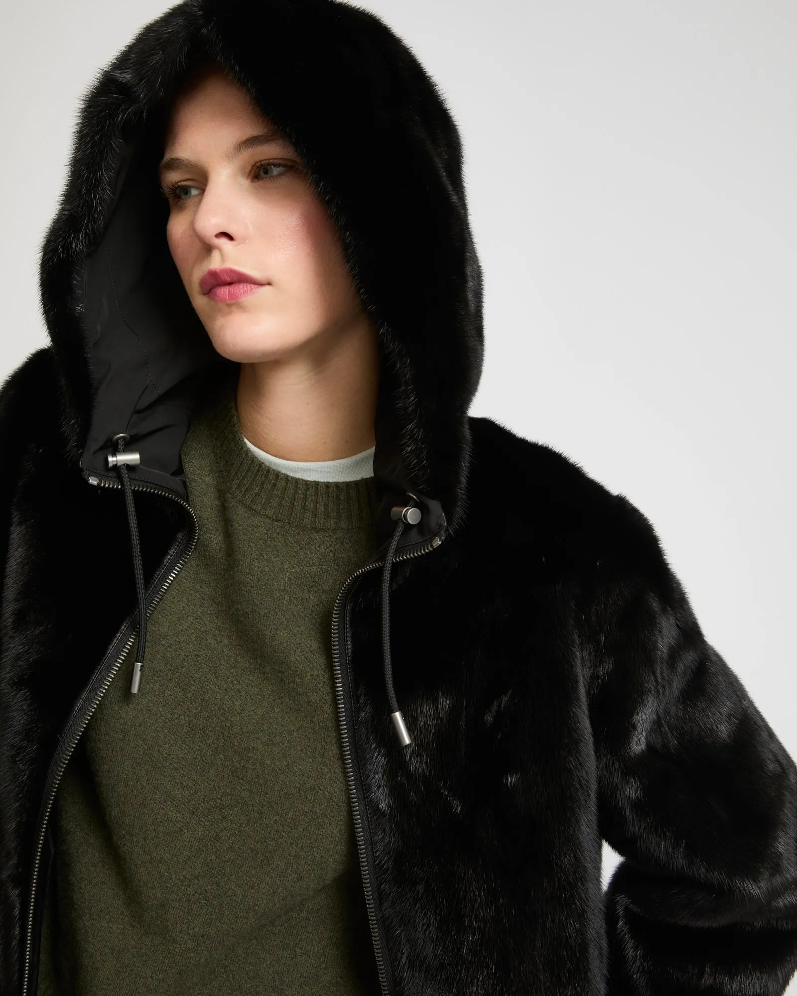 Reversible long parka in fabric and mink