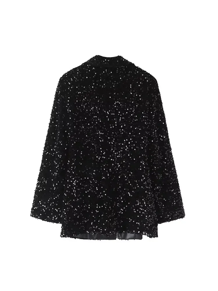 Shiny Double-Breasted Sequins Blazer with Belt