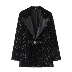 Shiny Double-Breasted Sequins Blazer with Belt